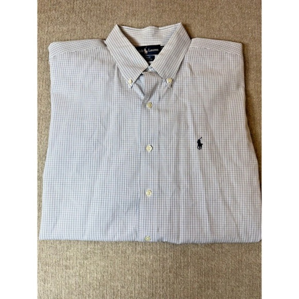 Ralph Lauren Shirt Mens XL Pin Plaid Blue Short Sleeve Classic Fit Button Down‎